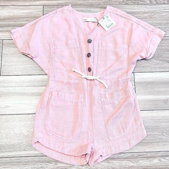 NWT! Zara Girls Pink Denim Jumpsuit Size 7 - Picture 1 of 5